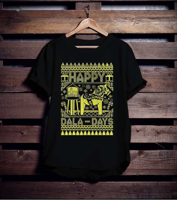 Andersonville Happy Dala Days Christmas Sweater Pattern With Water Tower And Dala Horse T-Shirt