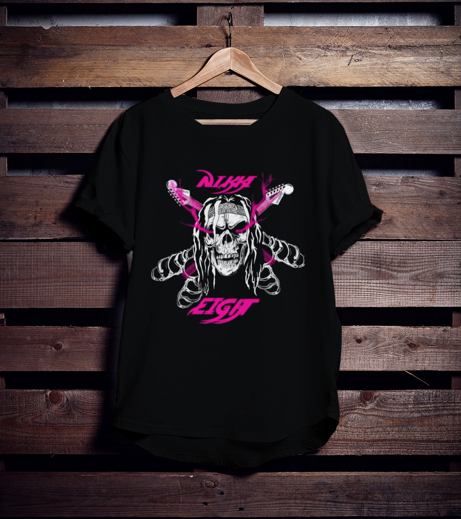 Nikki Eight Eight Skull Crossbones Guitars Pink Bandana T-Shirt