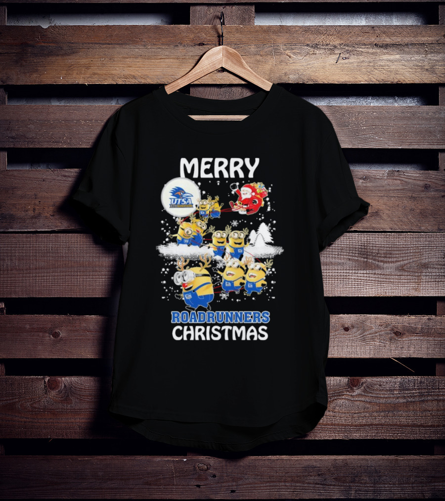 Merry UTSA Roadrunners Minions Christmas With Santa And Reindeer T-Shirt