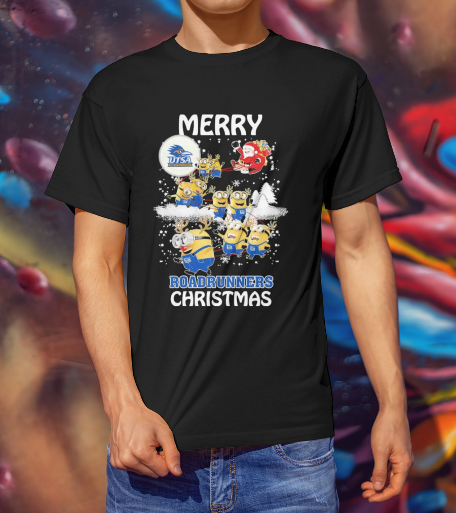 Merry UTSA Roadrunners Minions Christmas With Santa And Reindeer T-Shirt