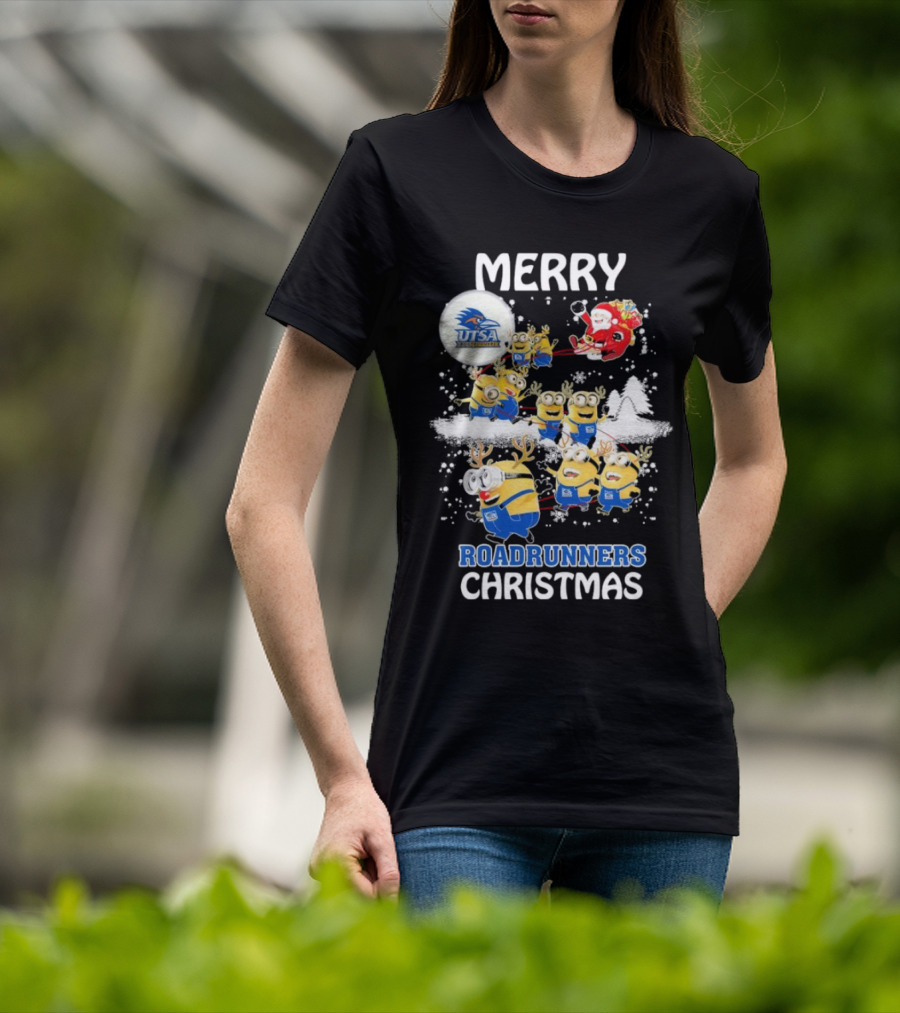 Merry UTSA Roadrunners Minions Christmas With Santa And Reindeer T-Shirt