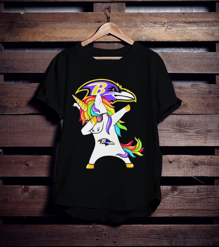 Unicorn Dabbing With Baltimore Ravens Logo And Rainbow Mane T-Shirt