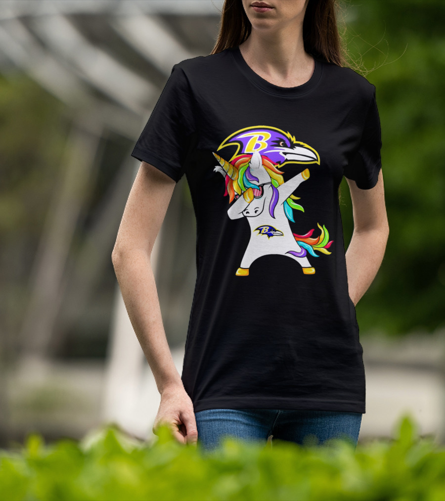 Unicorn Dabbing With Baltimore Ravens Logo And Rainbow Mane T-Shirt