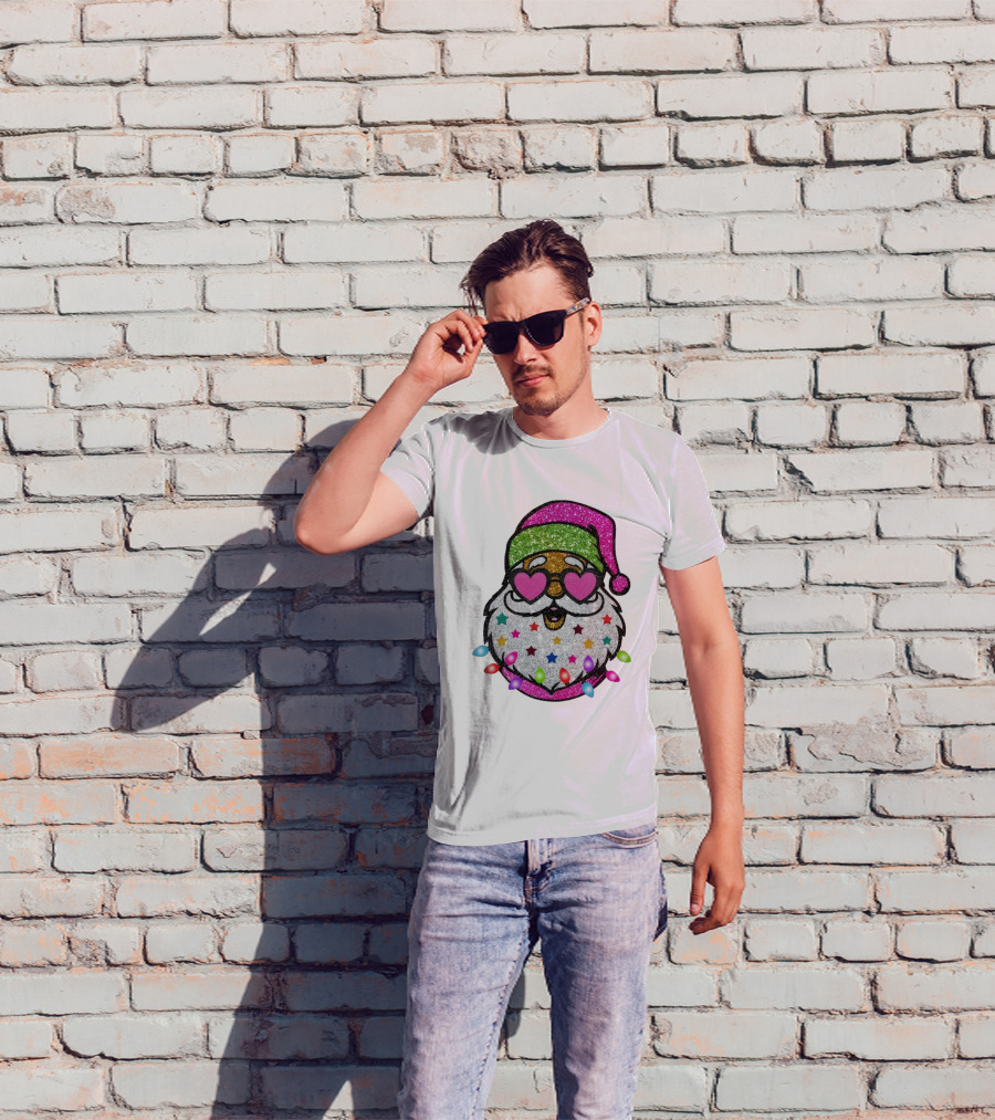 Glittery Pink Santa Claus With Heart Sunglasses And Colorful Stars And Holiday Lights T-Shirt