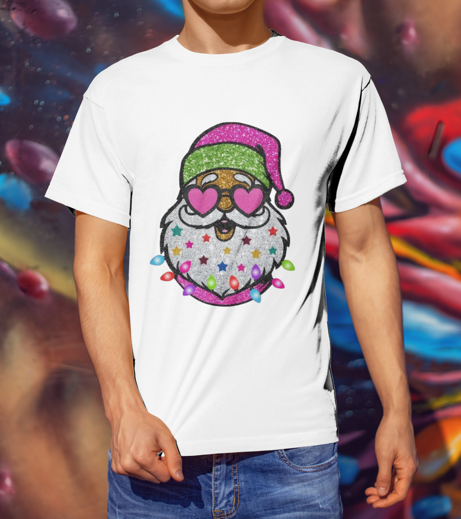 Glittery Pink Santa Claus With Heart Sunglasses And Colorful Stars And Holiday Lights T-Shirt