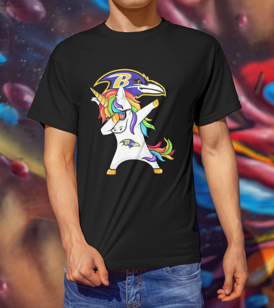 Unicorn Dabbing Baltimore Ravens Emblem Rainbow Colors T-Shirt
