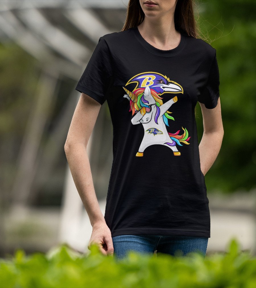 Unicorn Dabbing Baltimore Ravens Emblem Rainbow Colors T-Shirt