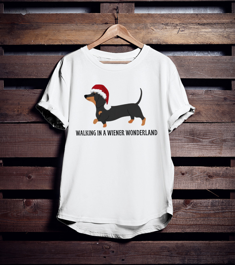 Christmas Walking In A Wiener Wonderland Dachshund With Santa Hat T-Shirt