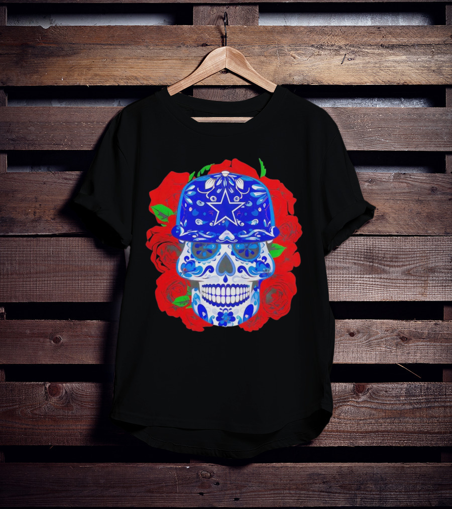 Dallas Cowboys Sugar Skull With Blue Star Hat And Roses T-Shirt