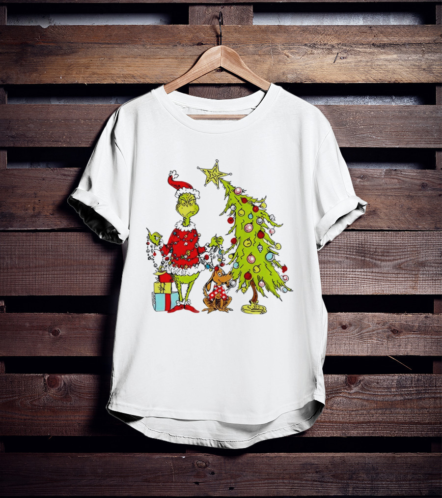 Grinch In Santa Hat And Dog With Christmas Tree And Presents T-Shirt