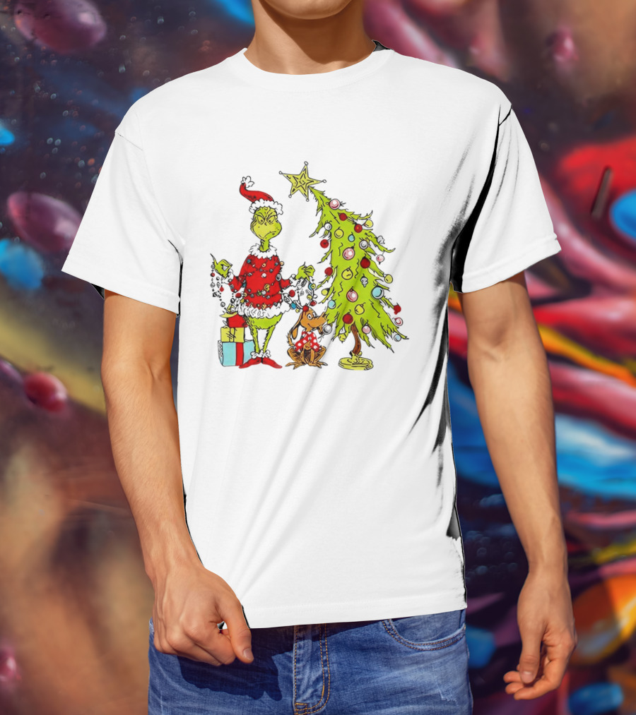 Grinch In Santa Hat And Dog With Christmas Tree And Presents T-Shirt
