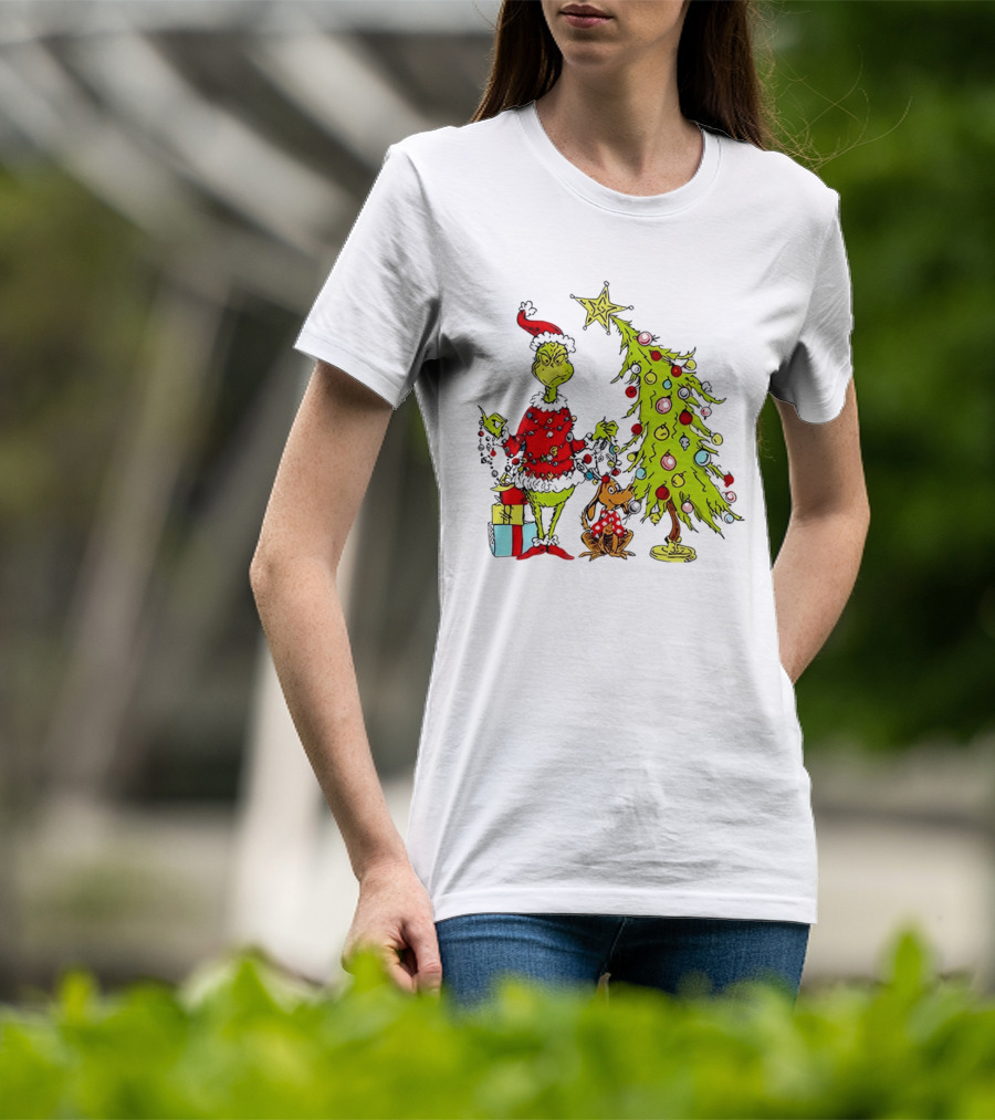 Grinch In Santa Hat And Dog With Christmas Tree And Presents T-Shirt
