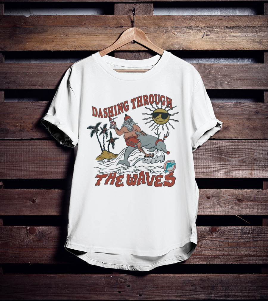 Dashing Through The Waves Miami Dolphins Christmas Santa Riding Dolphin T-Shirt
