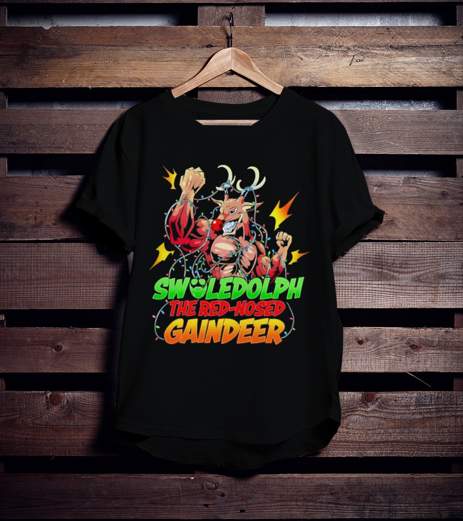 Swoledolph The Red-Nosed Gaindeer Christmas Lights Flexing T-Shirt