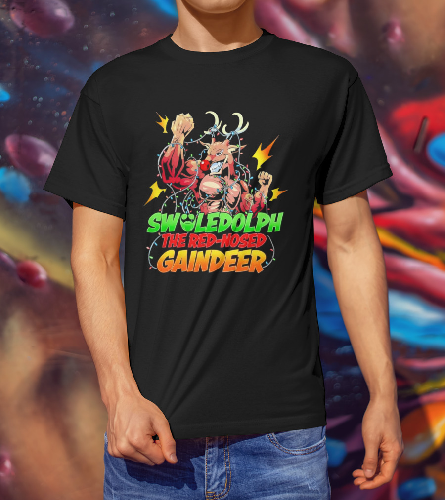 Swoledolph The Red-Nosed Gaindeer Christmas Lights Flexing T-Shirt