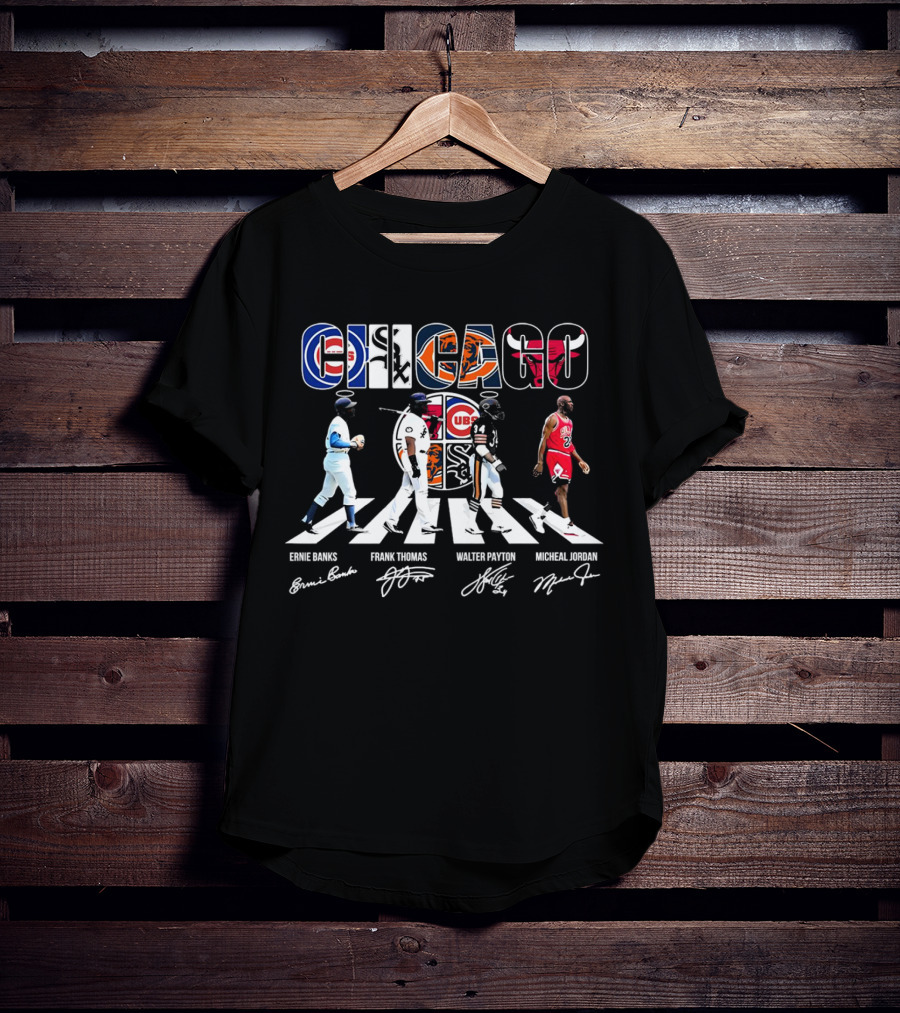 Chicago Cubs Bears Bulls Abbey Road Ernie Banks Frank Thomas Walter Payton Michael Jordan Signatures T-Shirt