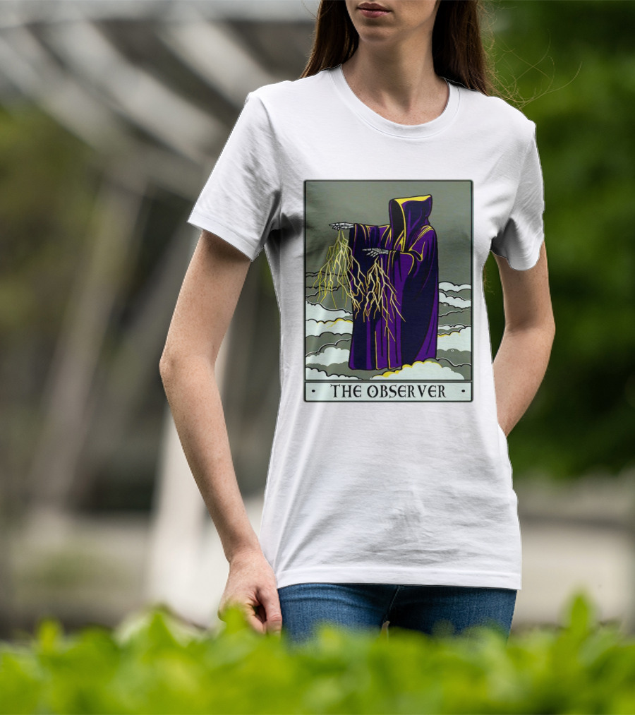 The Observer Hooded Figure With Lightning Tarot Card T-Shirt