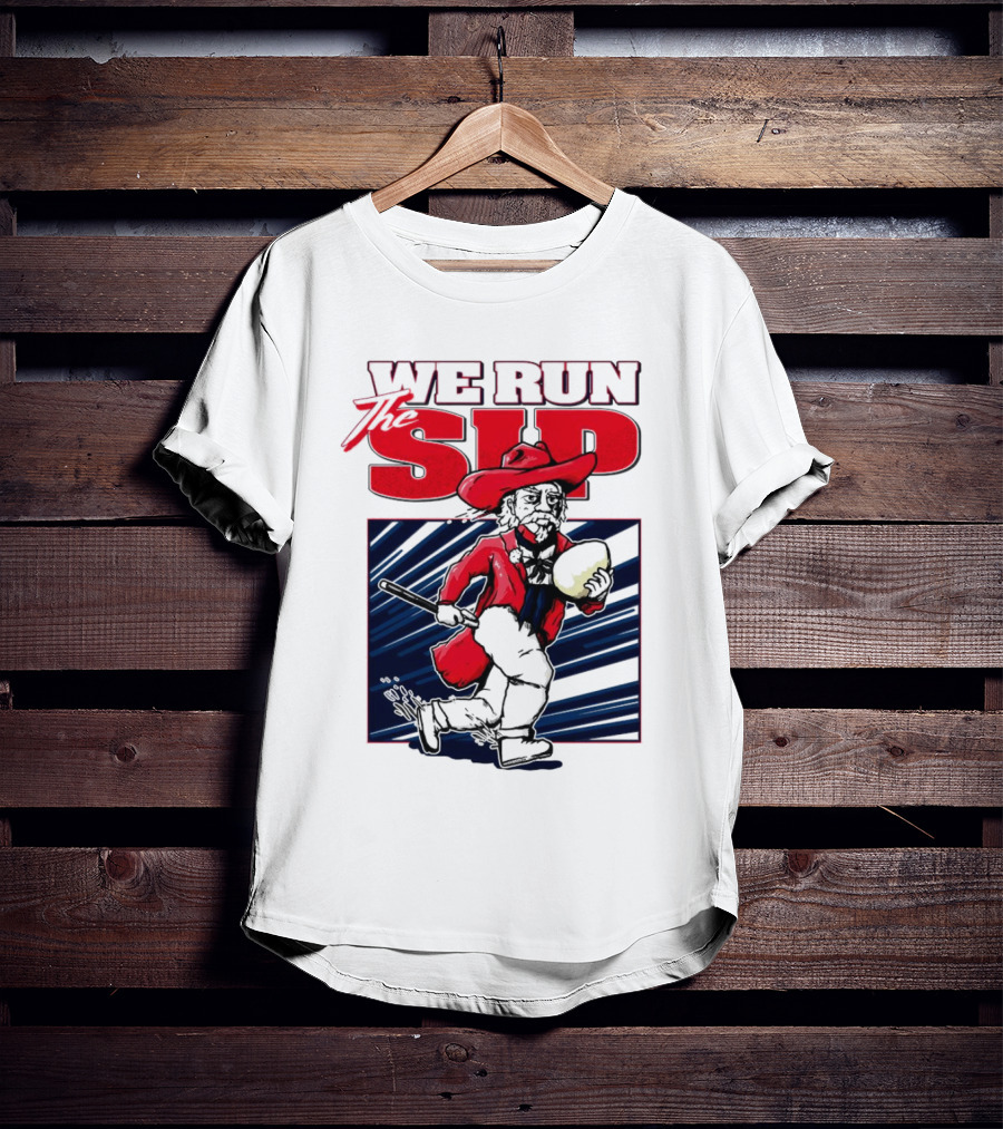 We Run The Sip Ole Miss Rebels Football Mascot Running With Ball T-Shirt
