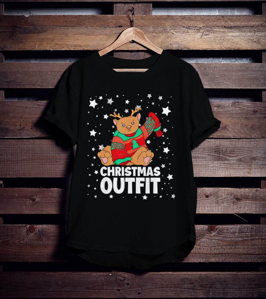Bear Reindeer Christmas Outfit With Festive Sweater And Stars T-Shirt