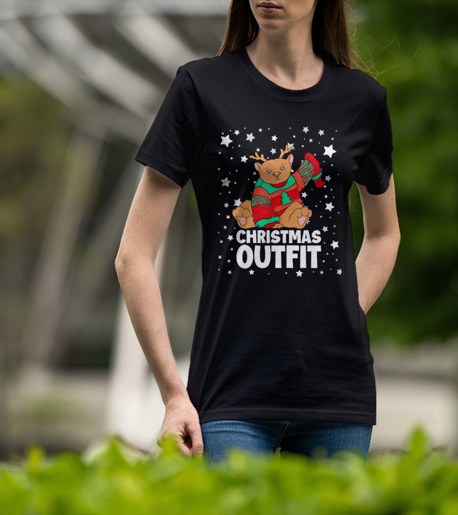Bear Reindeer Christmas Outfit With Festive Sweater And Stars T-Shirt