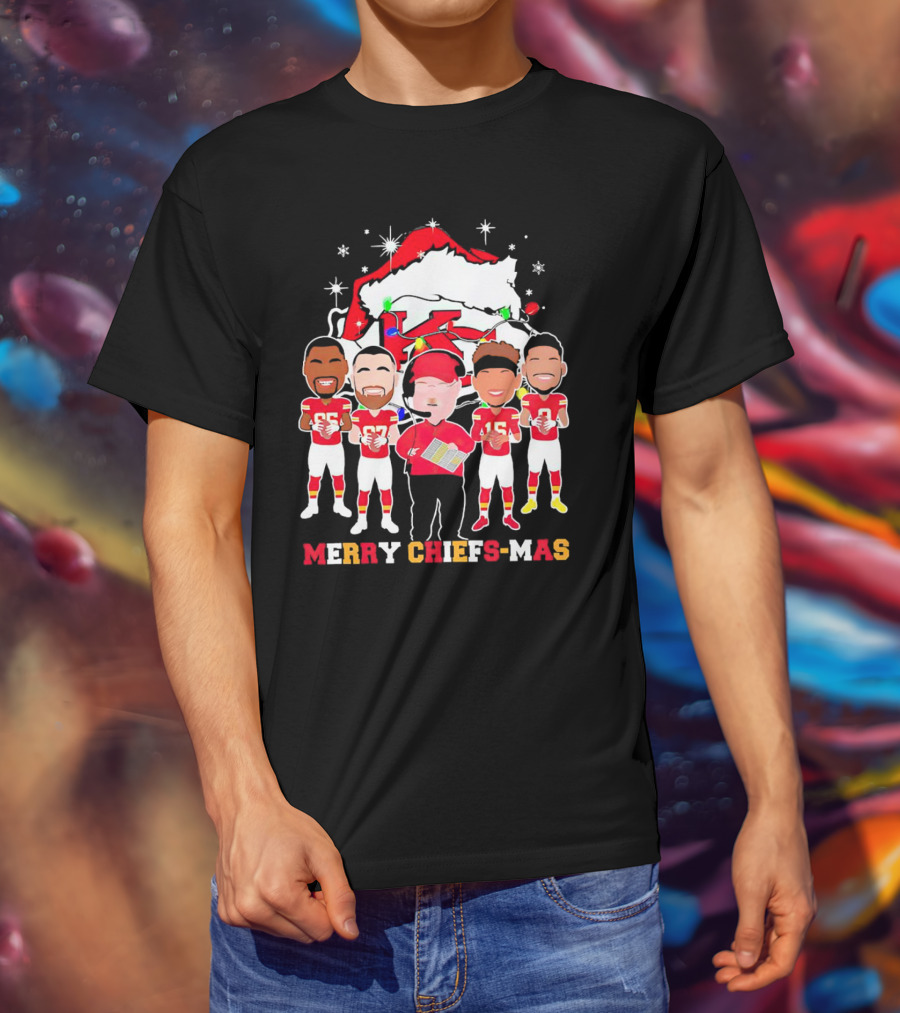 Kansas City Chiefs Merry Chiefs-Mas Christmas NFL Team Festive Cartoon Players And Santa Hat T-Shirt