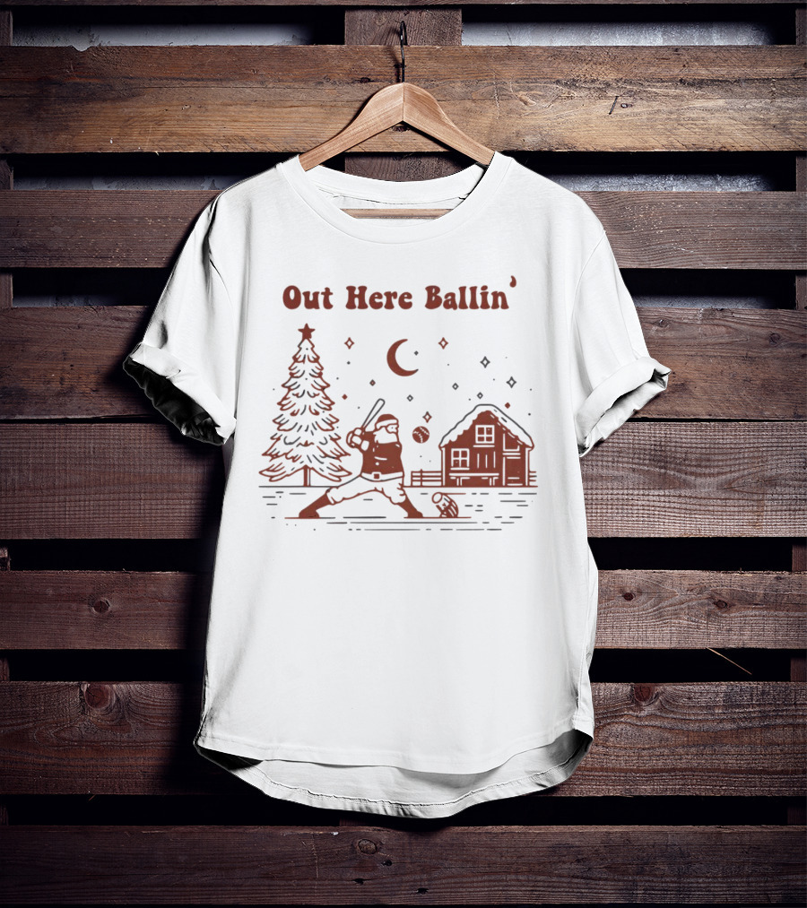 Out Here Ballin' Santa Playing Baseball Christmas Scene T-Shirt