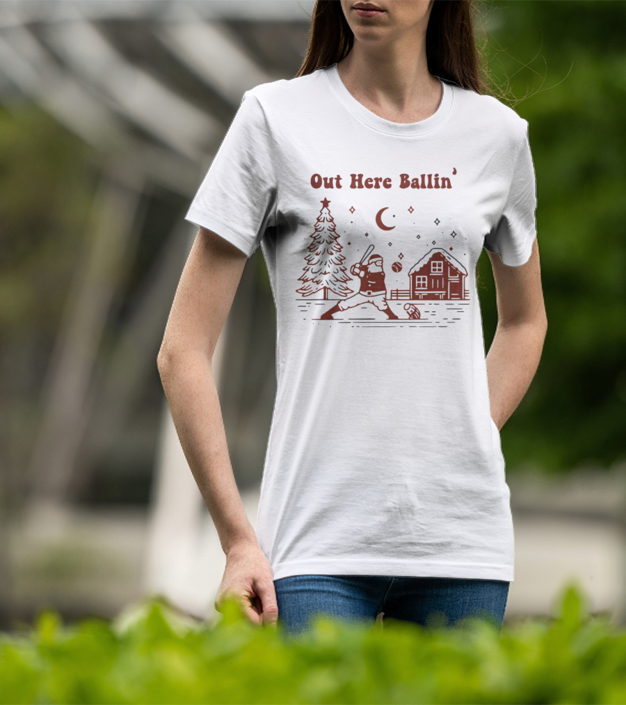 Out Here Ballin' Santa Playing Baseball Christmas Scene T-Shirt