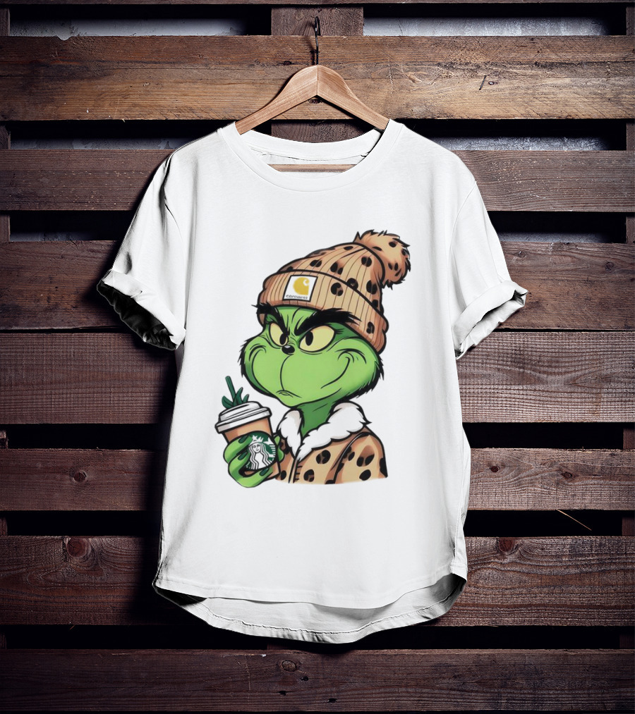 Grinch Boujee Leopard Coffee Cozy Winter T-Shirt