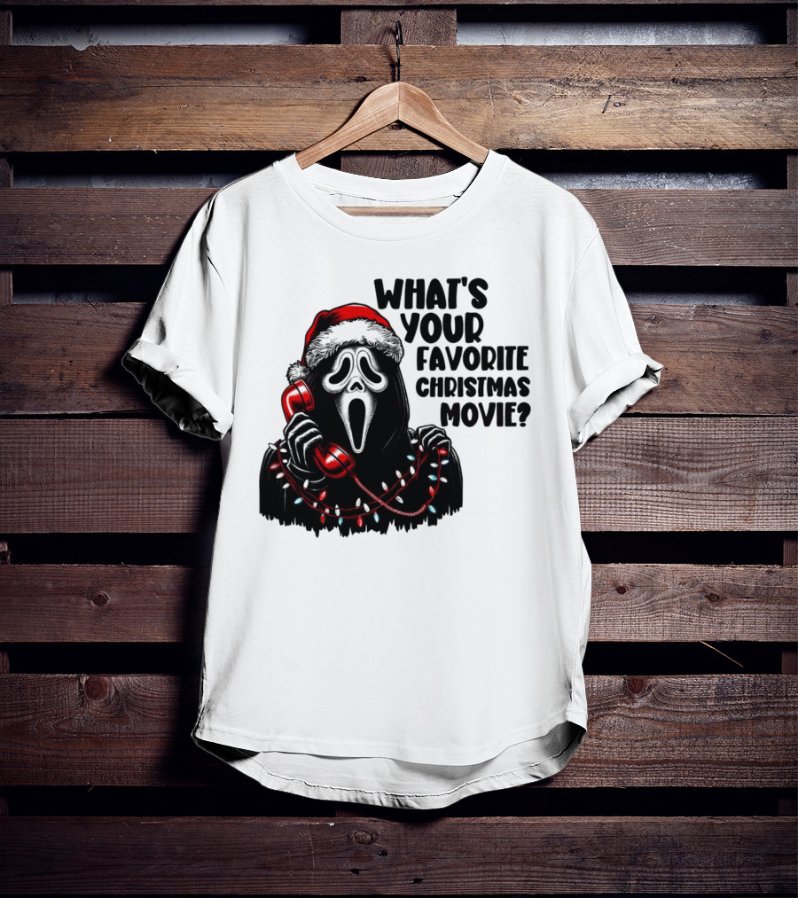 Ghostface What's Your Favorite Christmas Movie Festive Horror Santa Hat Phone Lights T-Shirt