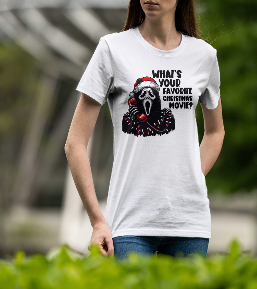Ghostface What's Your Favorite Christmas Movie Festive Horror Santa Hat Phone Lights T-Shirt