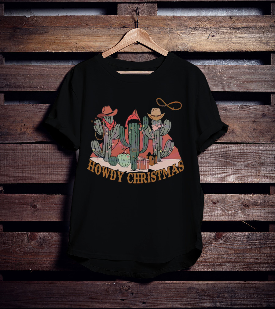 Howdy Christmas Cactus Cowboy Hats And Lasso Holiday Scene T-Shirt