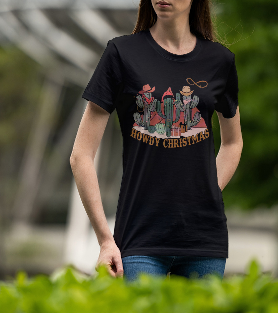 Howdy Christmas Cactus Cowboy Hats And Lasso Holiday Scene T-Shirt