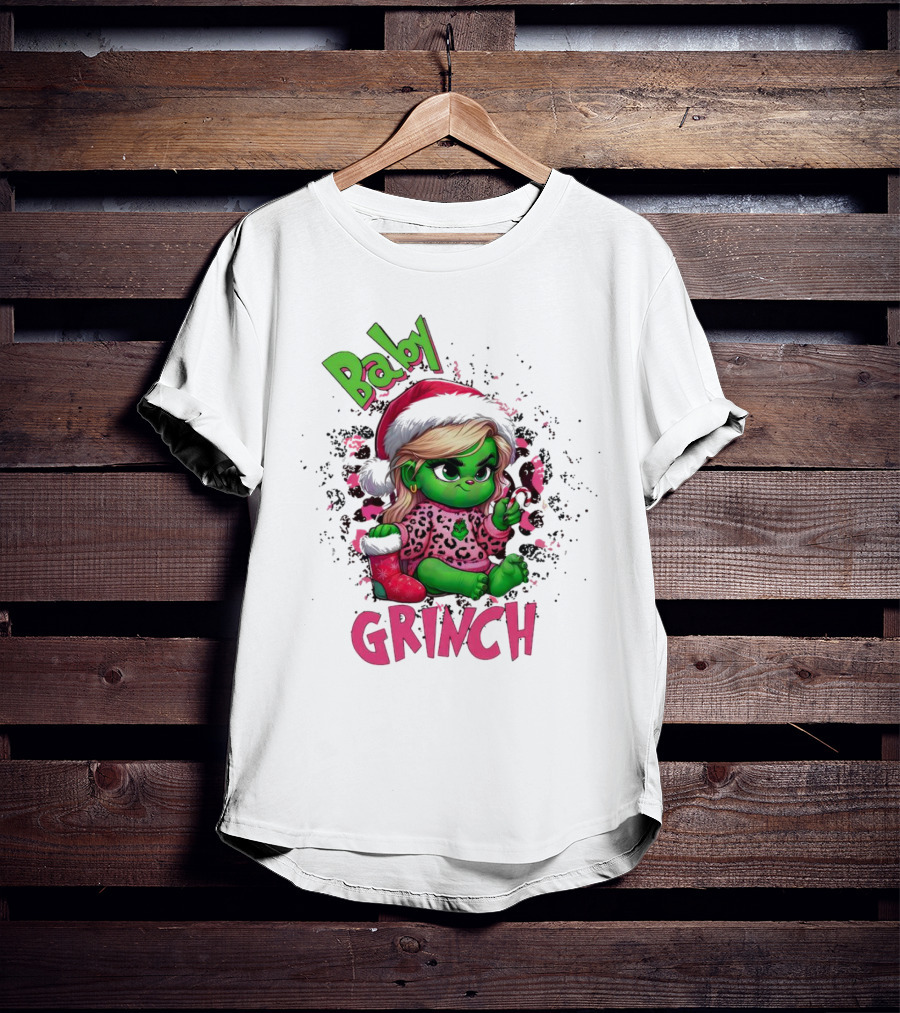 Baby Grinch Pink Leopard Christmas T-Shirt