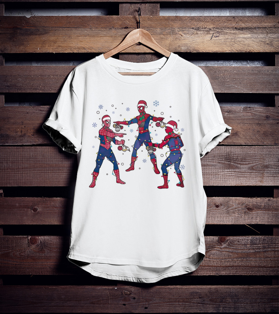 Funny Marvel Three Spiderman Meme Santa Christmas Lights Snowflakes T-Shirt