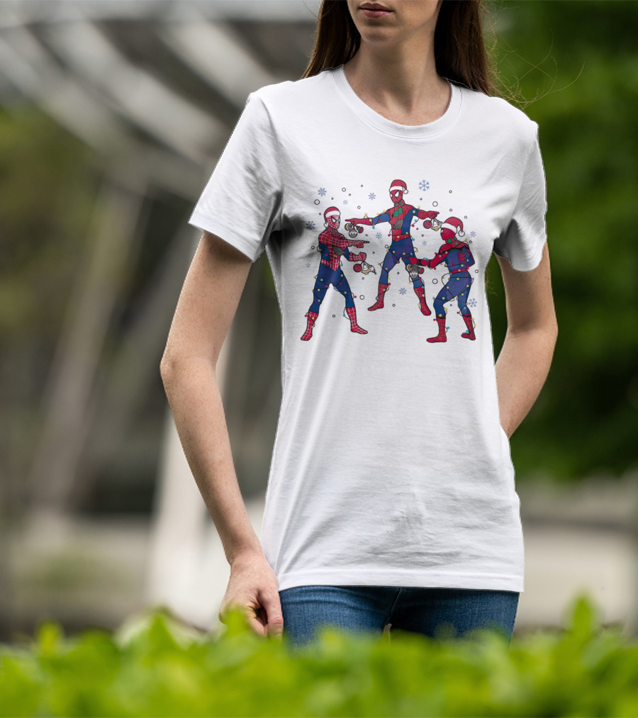 Funny Marvel Three Spiderman Meme Santa Christmas Lights Snowflakes T-Shirt