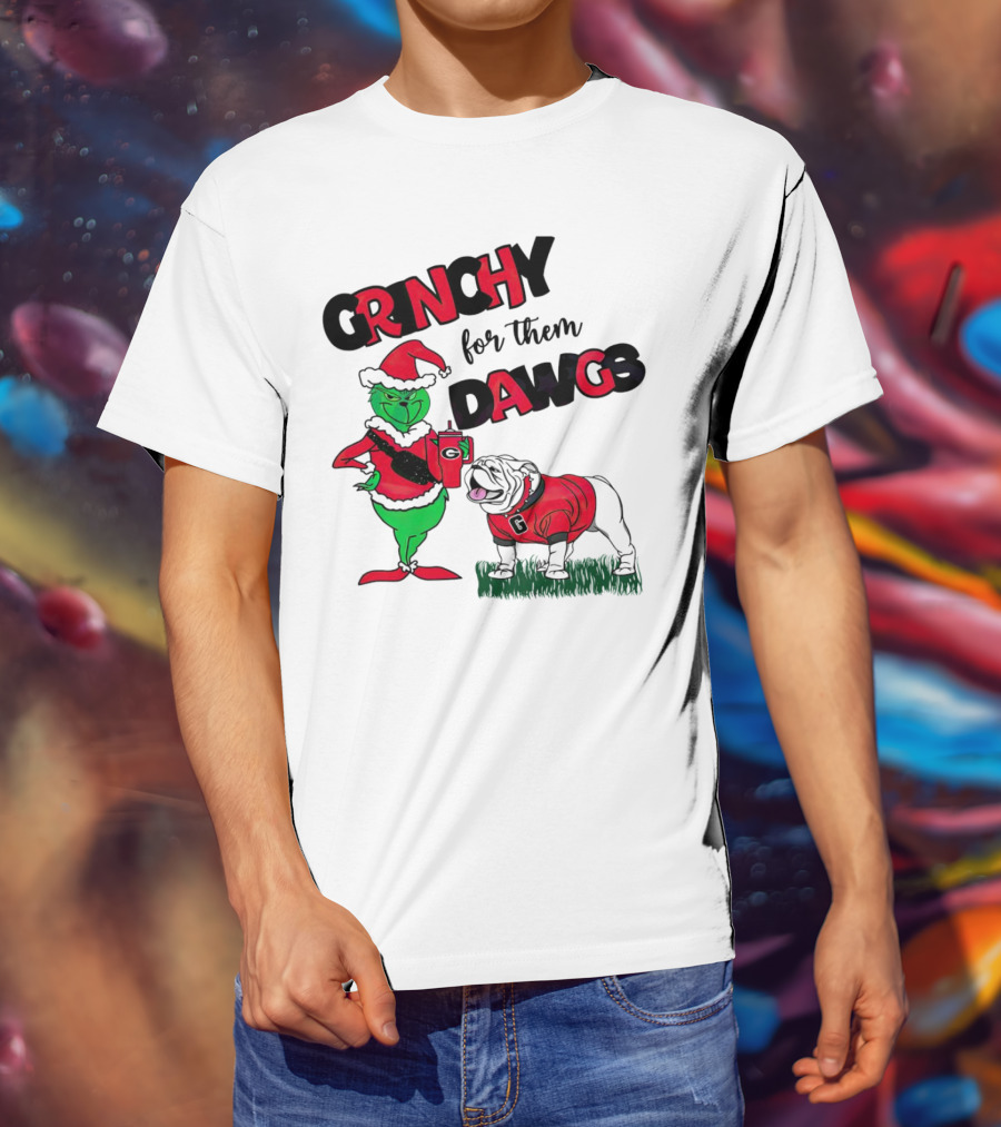 Grinchy For Them Dawgs Georgia Bulldogs Football Christmas Grinch Holding Drink And Bulldog Wearing Red T-Shirt