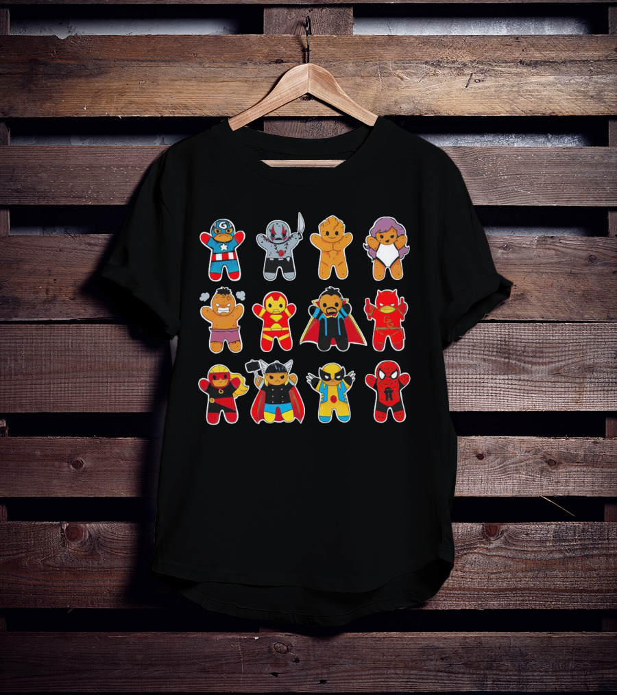 Gingerbread Super Heroes Cookie Avengers Guardians Comic Fun T-Shirt