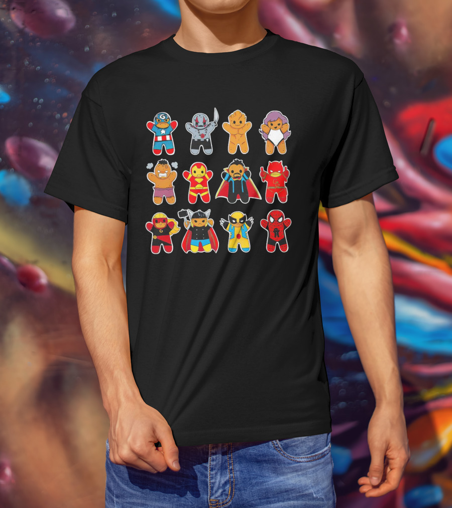 Gingerbread Super Heroes Cookie Avengers Guardians Comic Fun T-Shirt