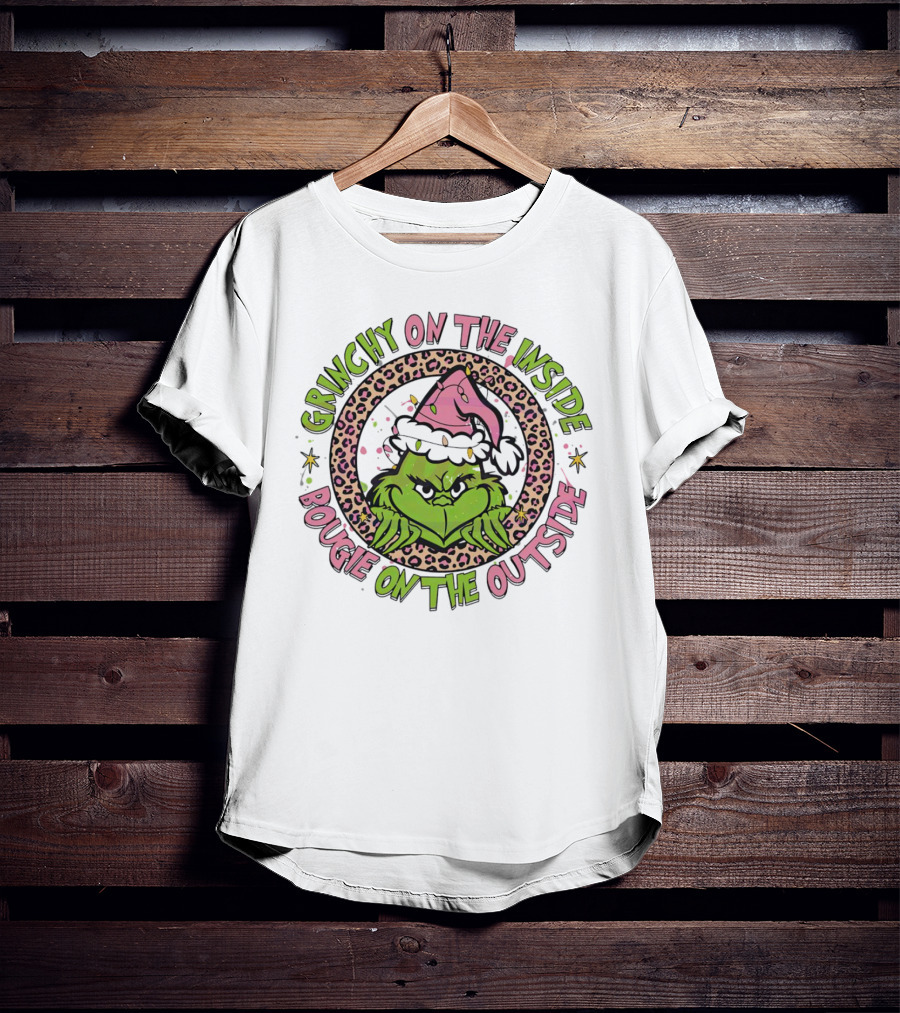 Grinchy On The Inside Bougie On The Outside Leopard Santa Hat T-Shirt