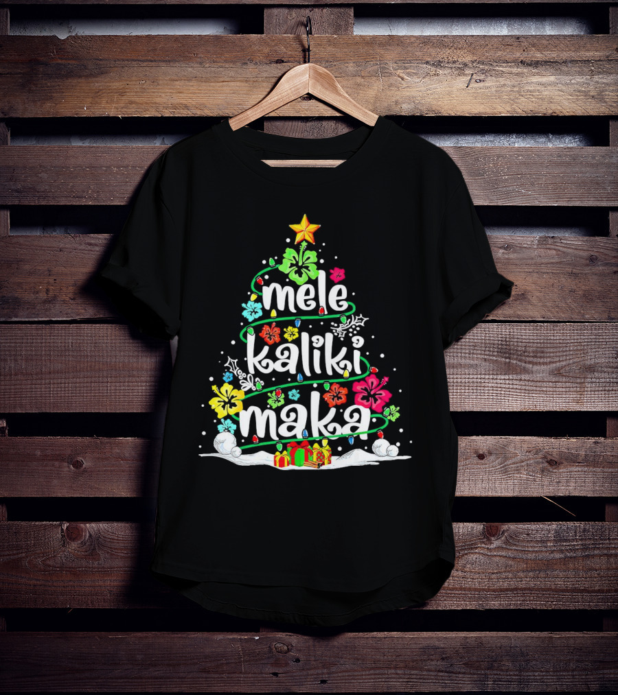 Mele Kalikimaka Christmas Tree With Flowers And Gifts T-Shirt