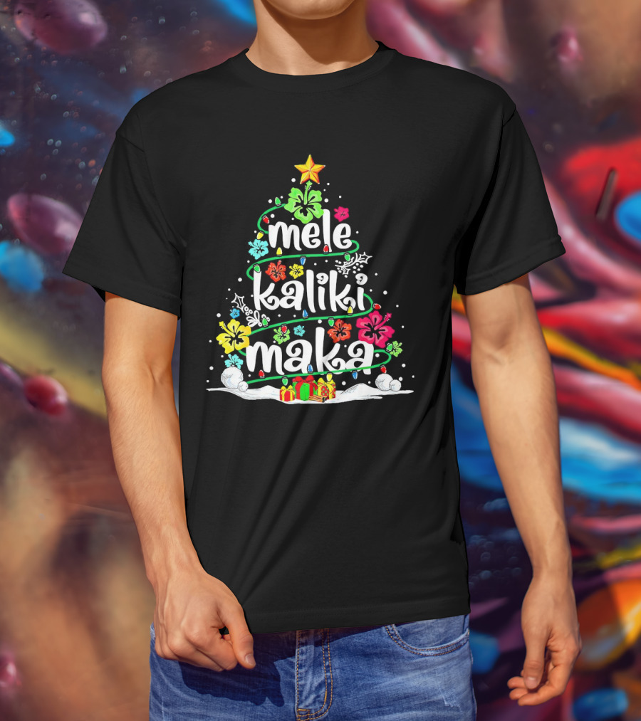 Mele Kalikimaka Christmas Tree With Flowers And Gifts T-Shirt