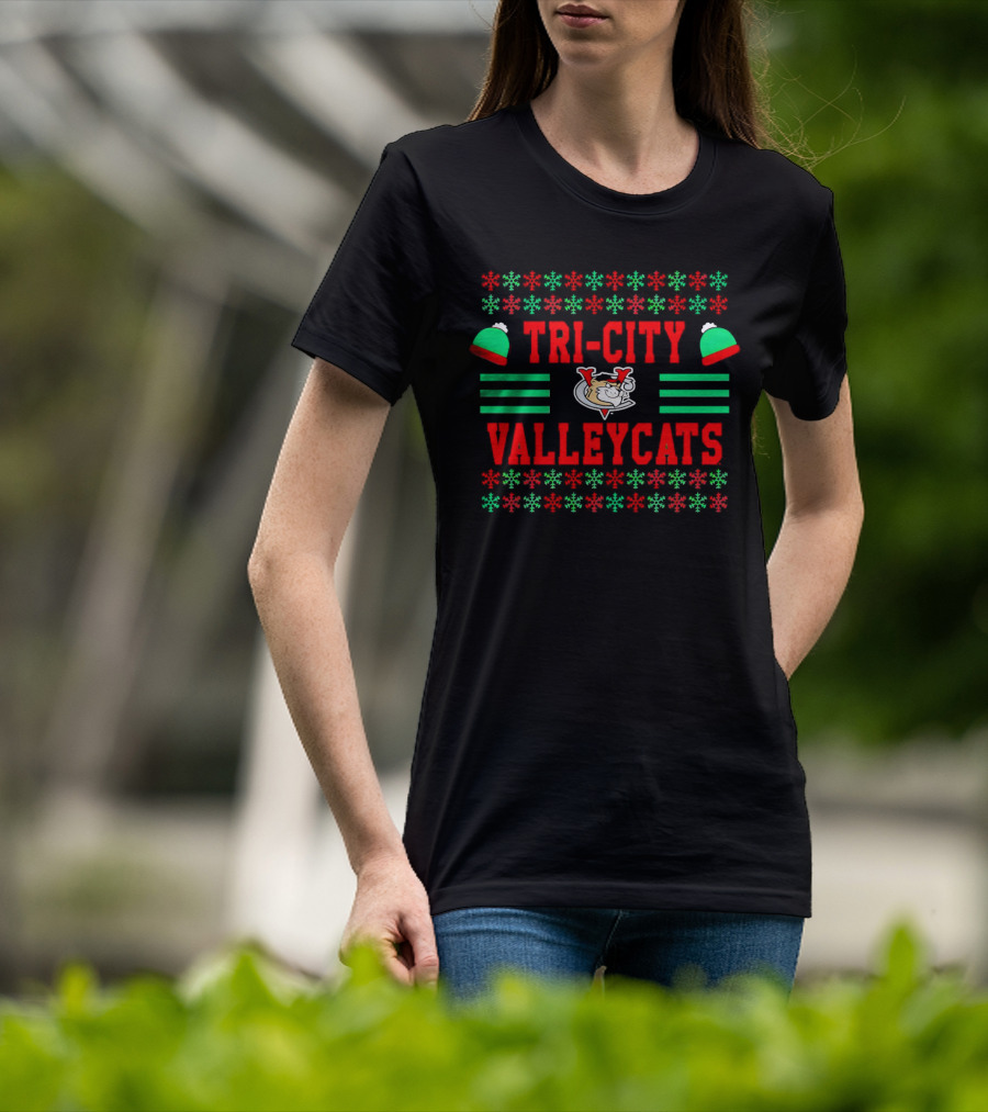 Tri-City ValleyCats Holiday Snowflake Pattern With Festive Hat And Cat T-Shirt
