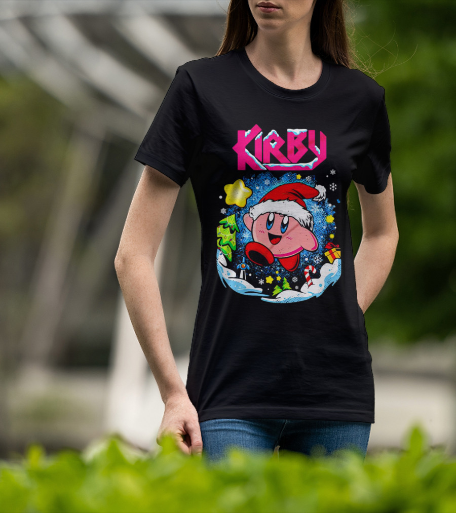 Kirby Holiday Snow Adventure With Kreator Style Santa Hat And Winter Delights T-Shirt