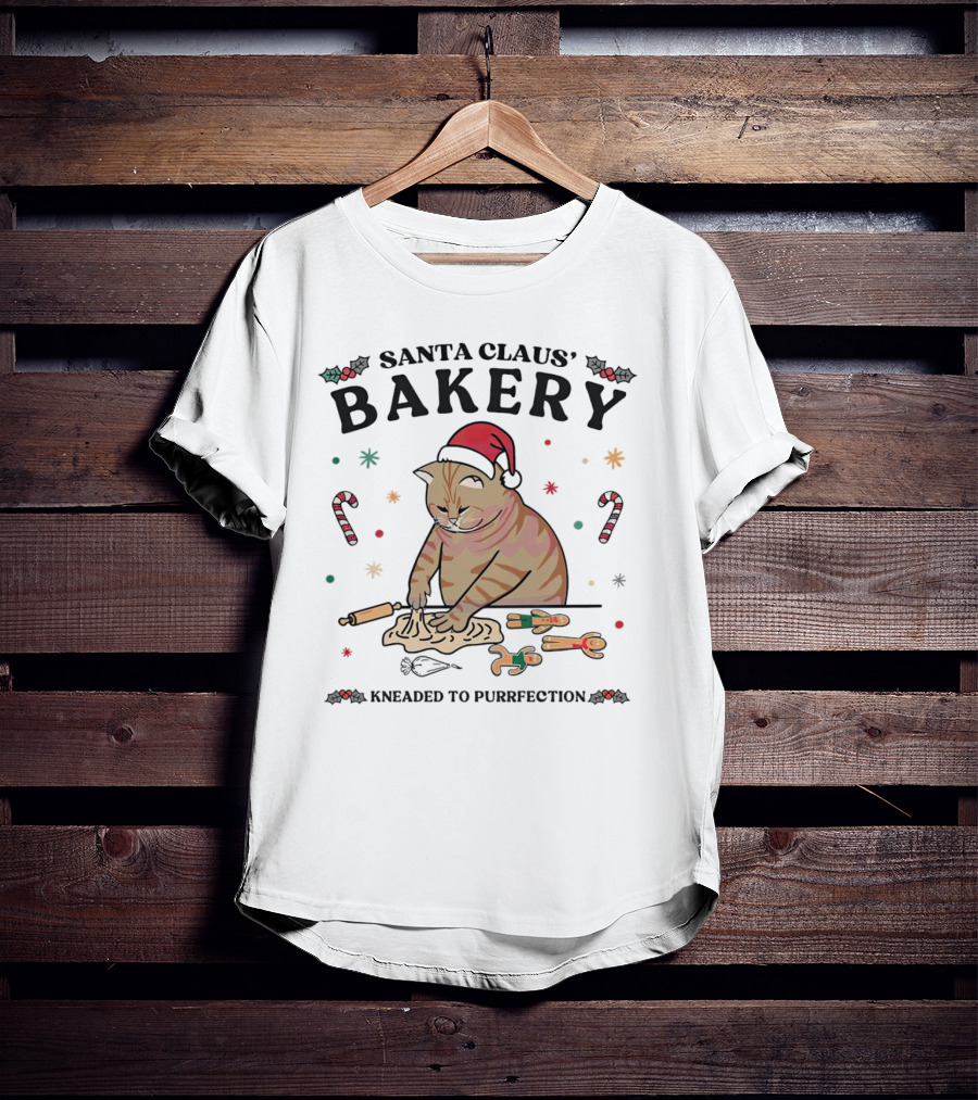 Santa Claus' Bakery Kneaded To Purrfection Cat With Santa Hat Making Cookies T-Shirt