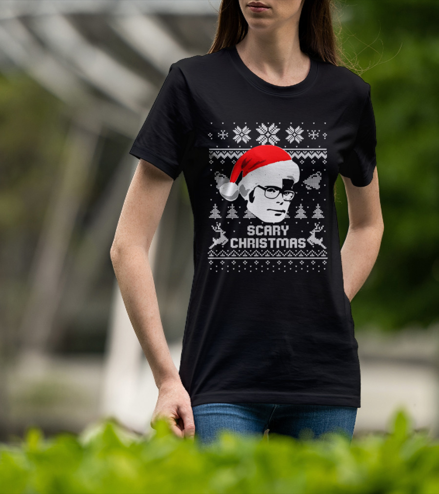 Stephen King Scary Christmas Ugly Sweater Santa Hat Reindeer Snowflakes T-Shirt