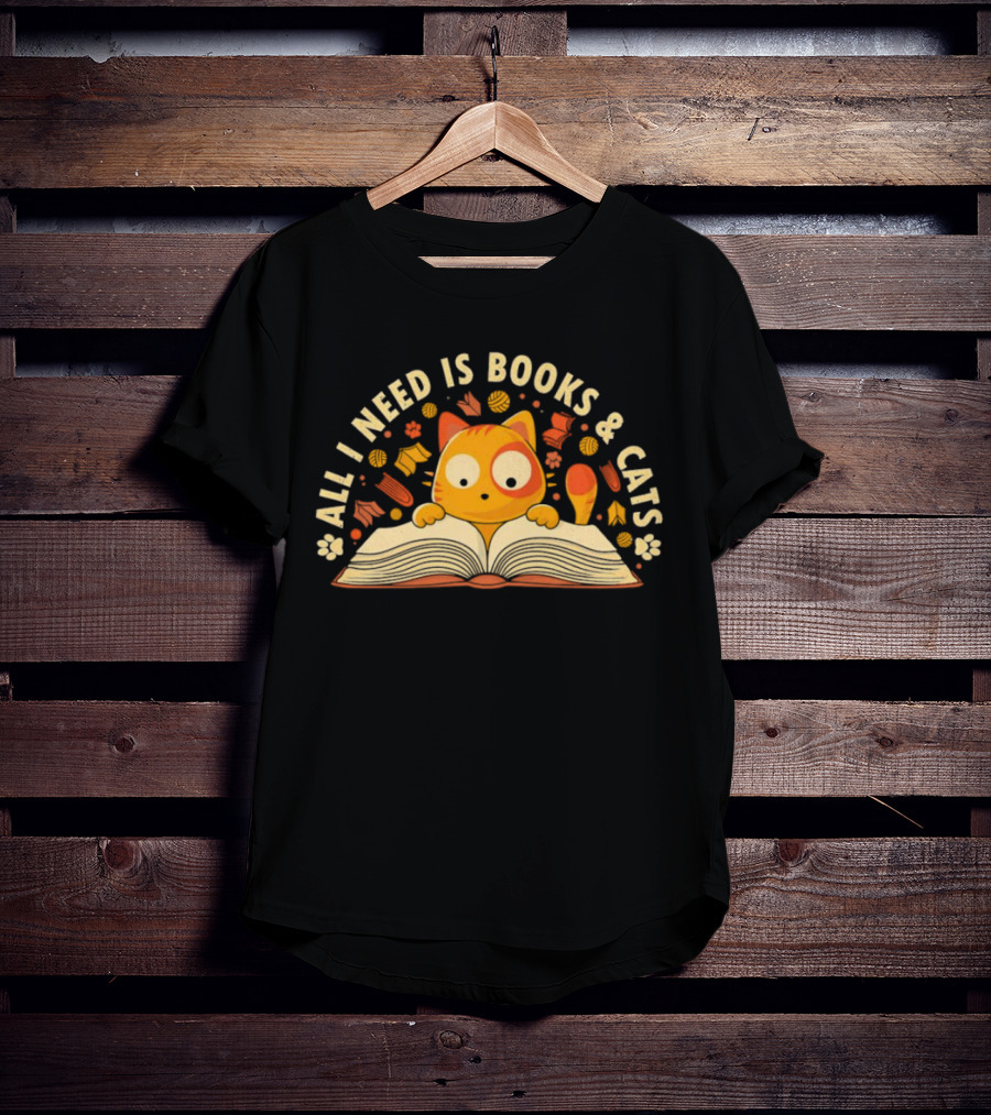 All I Need Is Books And Cats With Curious Feline And Open Book T-Shirt