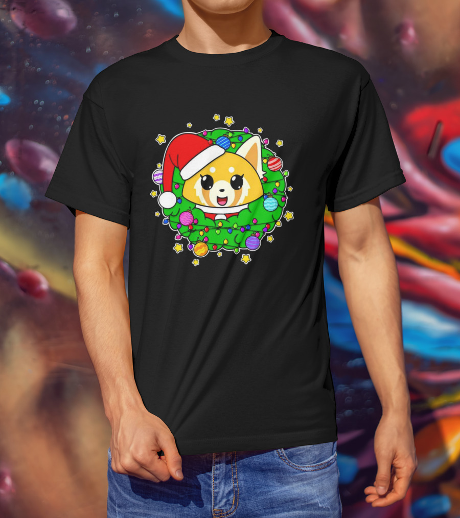 Aggressively Merry Christmas Kawaii Red Panda With Santa Hat In Holiday Wreath T-Shirt