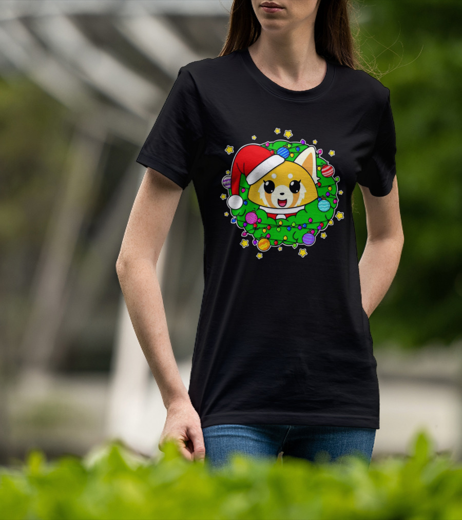 Aggressively Merry Christmas Kawaii Red Panda With Santa Hat In Holiday Wreath T-Shirt