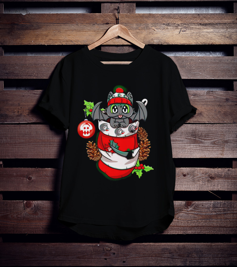 Baby Dragon Holiday Stocking With Skull Ornament And Pinecones T-Shirt