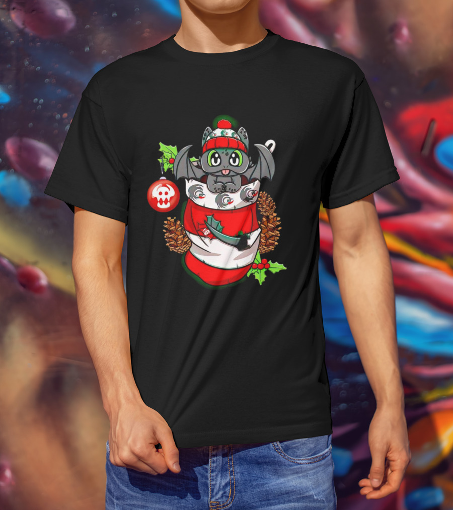 Baby Dragon Holiday Stocking With Skull Ornament And Pinecones T-Shirt
